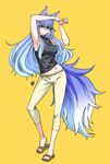  &gt;:) animal_ears armpits arms_up bare_shoulders belt blue_hair breasts capri_pants clothes_lift commentary_request fox_ears fox_girl fox_tail full_body glasses gradient_hair highres iwatobi_hiro large_breasts long_hair looking_at_viewer multicolored_hair navel original pants rimless_eyewear sandals sideboob sidelocks sleeveless smile solo sweater sweater_lift tail turtleneck two-tone_hair v-shaped_eyebrows white_hair yellow_background yellow_eyes 
