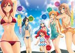  6+girls armpits arms_up ass ass_visible_through_thighs bikini black_hair blue_eyes blue_hair blue_sky bow bracelet breasts brown_eyes casual_one-piece_swimsuit cleavage cloud covered_navel day from_side green_eyes hair_between_eyes hair_bow hair_over_one_eye hair_ribbon hands_in_pockets highres hood hooded_jacket horns jacket jewelry large_breasts light_brown_hair looking_at_viewer multiple_girls murakami_yuichi navel non-web_source one-piece_swimsuit open_mouth orange_hair outdoors pointy_ears polka_dot polka_dot_bikini ponytail red_eyes red_hair ribbon sandals sarong scan side-tie_bikini sky small_breasts smile standing standing_on_one_leg sweatdrop swimsuit thigh_gap twintails yellow_eyes 