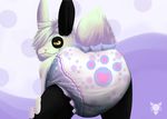  ageplay anthro bent_over big_ears black_fur diaper fur furrychrome_(artist) lagomorph looking_at_viewer male mammal rabbit simple_background smile watermark white_fur yellow_eyes 