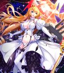  black_gloves blonde_hair blue_eyes breasts crown dress drill_hair garter_straps gloves highres large_breasts light_rays lion_(zhan_jian_shao_nyu) long_hair looking_at_viewer mini_crown navel ryuuzouji_usagi scepter shatter solo thighhighs very_long_hair zhan_jian_shao_nyu 