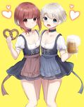  :d alcohol alternate_costume bare_legs beer beer_mug blue_eyes brown_eyes brown_hair cup dirndl dress flat_chest food german_clothes highres holding holding_cup kantai_collection matching_outfit mizuki_eiru_(akagi_kurage) multiple_girls no_hat no_headwear open_mouth pretzel puffy_short_sleeves puffy_sleeves short_dress short_hair short_sleeves silver_hair smile standing thighs z1_leberecht_maass_(kantai_collection) z3_max_schultz_(kantai_collection) 