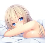  blonde_hair blue_eyes blush breast_press breasts eyebrows eyebrows_visible_through_hair highres jyt large_breasts lexington_(zhan_jian_shao_nyu) long_hair looking_at_viewer lying nude on_stomach simple_background solo white_background zhan_jian_shao_nyu 