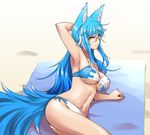  animal_ears arm_behind_head arm_support arm_up armpits bikini blue_hair breasts cleavage commentary_request fox_ears fox_girl fox_tail glasses highres iwatobi_hiro large_breasts long_hair looking_at_viewer lying multicolored_hair navel on_side original rimless_eyewear side-tie_bikini sidelocks smile solo strap_gap swimsuit tail two-tone_hair underboob white_hair yellow_eyes 