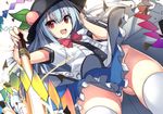  :d ass ass_visible_through_thighs black_hat blue_dress blue_hair buttons dress dress_shirt food frills fruit hat hinanawi_tenshi janne_cherry leaf long_hair neck_ribbon no_panties open_mouth peach puffy_short_sleeves puffy_sleeves rainbow_order red_eyes ribbon shirt short_sleeves simple_background smile smug solo sword_of_hisou thighhighs touhou v-shaped_eyebrows white_background white_shirt wind wind_lift 