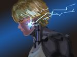  blonde_hair cyborg damaged electricity from_side furukawa_herzer genos glowing_lines highres male_focus mechanical_parts one-punch_man simple_background solo sparks yellow_eyes 