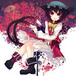  :d animal_ears bloomers boots cat_ears cat_tail chen dress highres knees_together_feet_apart long_sleeves looking_at_viewer nekomata open_mouth rain_lan red_dress short_hair smile solo tail touhou underwear 
