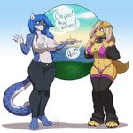  anthro big_breasts bikini breasts canine clothed clothing collar duo ear_piercing english_text facial_piercing fangs feline female huge_breasts kittydee mammal navel nipple_tape nose_piercing pasties piercing simple_background smile standing swimsuit tape teeth text topless wide_hips 