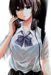  black_hair black_skirt collarbone green_eyes headphones headphones_around_neck highres m_meets_girl matsuda_hikari pleated_skirt shirt short_hair simple_background skirt solo wet wet_clothes wet_shirt white_background white_shirt 