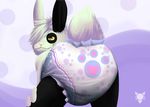  ageplay anthro bent_over big_ears black_fur fur furrychrome_(artist) looking_at_viewer male rabbit simple_background smile watermark white_fur yellow_eyes 