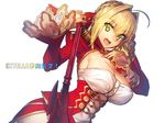  :d aestus_estus ahoge armpits blonde_hair breasts cleavage commentary_request dress epaulettes fate/extra fate_(series) green_eyes hair_intakes hair_ribbon highres juliet_sleeves large_breasts long_sleeves looking_at_viewer melon22 nero_claudius_(fate) nero_claudius_(fate)_(all) open_mouth puffy_sleeves red_dress red_ribbon ribbon short_hair sideboob smile solo sword upper_body weapon 