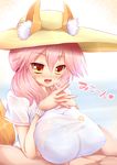  animal_ears blush breasts covered_nipples ears_through_headwear fangs fate/extra fate/grand_order fate_(series) fox_ears fox_tail hat heart kane-neko large_breasts open_mouth paizuri paizuri_under_clothes pink_hair shirt solo_focus sun_hat tail tamamo_(fate)_(all) tamamo_no_mae_(fate) tamamo_no_mae_(swimsuit_lancer)_(fate) translation_request white_shirt yellow_eyes 