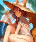  animal_ears bangs bare_legs between_legs bikini blue_bikini blue_sky blush breasts closed_mouth cloud day ears_through_headwear fate/extra fate/grand_order fate_(series) fox_ears fox_tail from_side hair_over_shoulder hair_tie hand_between_legs hat highres innertube knee_up long_hair looking_at_viewer looking_to_the_side low_ponytail medium_breasts nima_(niru54) palm_tree pink_hair scrunchie see-through shirt short_sleeves sitting sky solo straw_hat summer sun_hat swimsuit tail tamamo_(fate)_(all) tamamo_no_mae_(fate) tamamo_no_mae_(swimsuit_lancer)_(fate) transparent tree wet wet_clothes wet_shirt wrist_scrunchie yellow_eyes 
