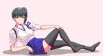  black_hair black_legwear blue_skirt breasts brown_eyes collarbone commentary_request full_body hakama_skirt iwatobi_hiro japanese_clothes kaga_(kantai_collection) kantai_collection looking_at_viewer lying medium_breasts miko muneate on_side side_ponytail skirt solo tasuki thighhighs 