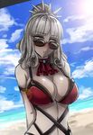  :t =3 alternate_hairstyle arms_behind_back ascot bangs bare_shoulders bikini bird blunt_bangs blush breasts brooch carmilla_(fate/grand_order) cleavage cloud cloudy_sky day fate/grand_order fate_(series) jewelry large_breasts looking_away midriff navel nose_blush pale_skin ponytail pout red_bikini sanmotogoroo seagull silver_hair sky solo summertime_mistress_(fate/grand_order) sunglasses sunlight swimsuit upper_body v-shaped_eyebrows wavy_hair yellow_eyes 