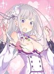  artist_request breasts brooch butterfly_hair_ornament detached_sleeves emilia_(re:zero) flower hair_flower hair_ornament jewelry long_hair medium_breasts nipples open_mouth pointy_ears purple_eyes re:zero_kara_hajimeru_isekai_seikatsu silver_hair solo sparkle third-party_edit torn_clothes wide_sleeves 