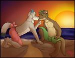  amixeduppuppy anthro canine clothed clothing duo eyes_closed kissing male male/male mammal mustelid navel otter outside sitting sunset topless 