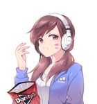  alternate_hairstyle artist_name blue_jacket brand_name_imitation brown_eyes brown_hair clothes_writing collarbone d.va_(overwatch) doritos eating eyebrows eyebrows_visible_through_hair facepaint facial_mark fingernails food food_in_mouth food_on_face hair_ornament hair_tie hand_up headphones highres holding jacket long_hair long_sleeves looking_at_viewer low_twintails overwatch panza shirt simple_background solo twintails upper_body whisker_markings white_background white_shirt 