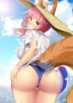  animal_ears ass ball beachball bent_over bikini blue_bikini blush check_commentary commentary_request cowboy_shot ears_through_headwear fate/grand_order fate_(series) foreshortening fox_ears fox_girl fox_tail from_behind halter_top halterneck hat highres hitotsuki_nebura long_hair looking_at_viewer looking_back nose_blush pink_hair see-through shirt short_sleeves smile solo straw_hat sun_hat swimsuit t-shirt tail tamamo_(fate)_(all) tamamo_no_mae_(fate) tamamo_no_mae_(swimsuit_lancer)_(fate) thigh_gap wet wet_clothes wet_shirt white_shirt yellow_eyes 