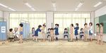  6+boys 6+girls blush boxers child examination indoors kiyo_(kyokyo1220) measuring multiple_boys multiple_girls school_uniform shirtless teacher weighing 