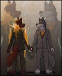  amixeduppuppy anthro canine clothed clothing duo fire fur male mammal necktie simple_background standing suit wolf 