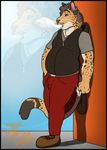  amixeduppuppy anthro belly big_belly bulge cigarette clothed clothing ear_piercing feline male mammal open_mouth piercing smoke solo standing 