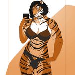  2016 balls big_breasts black_hair breasts cellphone clothed clothing dickgirl feline hair intersex lingerie looking_at_viewer mammal nikcesco penis phone pose selfie skimpy smile solo stripes tiger 