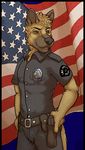  amixeduppuppy anthro canine clothed clothing gun handgun male mammal pistol police_uniform ranged_weapon smile solo standing uniform weapon 