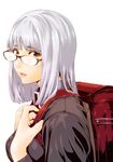  backpack bag bangs black-framed_eyewear blunt_bangs breasts brown_eyes eyelashes glasses highres hiramoto_akira holding_strap large_breasts long_sleeves looking_at_viewer medium_hair official_art parted_lips prison_school randoseru shiraki_meiko simple_background solo straight_hair upper_body white_background white_hair 