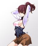  adjusting_hair alternate_costume arms_behind_head arms_up bent_over breasts brown_eyes brown_hair brown_skirt check_commentary closed_mouth commentary commentary_request cosplay cowboy_shot highres iwatobi_hiro kaga_(kantai_collection) kantai_collection looking_away medium_breasts miniskirt ponytail short_hair sideboob skirt solo taihou_(kantai_collection) taihou_(kantai_collection)_(cosplay) 
