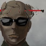  bald bolt commentary_request completion_time crack eyebrows face furukawa_herzer glowing_lines grey_background head_only headshot highres lips male_focus original science_fiction shattering solo surreal 
