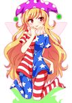  absurdres american_flag_dress american_flag_legwear bad_id bad_pixiv_id blonde_hair blush chako_(chakoxxx) clownpiece fairy_wings full_body hat highres jester_cap long_hair looking_away neck_ruff pantyhose polka_dot red_eyes shirt short_sleeves smile solo star star_print striped striped_legwear tongue tongue_out touhou very_long_hair wings 