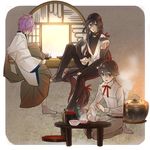  absurdly_long_hair aqua_eyes bad_id bad_pixiv_id black_hair braid cup hakama horikawa_kunihiro izumi-no-kami_kanesada japanese_clothes kasen_kanesada long_hair male_focus multiple_boys open_mouth purple_hair ribbon seiza side_braid side_handle_teapot sitting smile stove table teacup teapot tobacco_(tabakokobata) touken_ranbu very_long_hair window 