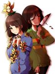  androgynous blood blood_on_face bloody_clothes bloody_knife brown_eyes brown_hair chara_(undertale) citadeloli cowboy_shot crying crying_with_eyes_open flower flower_on_head flowey_(undertale) frisk_(undertale) hands_clasped heart heart_necklace jewelry jitome knife multiple_others necklace own_hands_together red_eyes simple_background spoilers striped striped_sweater sweater tears undertale white_background 