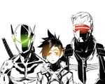  2boys armor bangs bodysuit bomber_jacket collarbone covered_mouth cyborg face_mask genji_(overwatch) goggles harness headband helmet jacket leather leather_jacket long_sleeves mask monochrome multiple_boys open_mouth overwatch power_armor ruukii_drift scar scar_across_eye short_hair short_sleeves simple_background sleeves_rolled_up soldier:_76_(overwatch) spiked_hair spot_color swept_bangs tracer_(overwatch) upper_body veil visor white_background zipper 