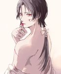  bad_id bad_pixiv_id blood blood_stain cuts ecrumist injury kashuu_kiyomitsu lipstick long_hair looking_back makeup male_focus off_shoulder ponytail red_eyes simple_background smeared_lipstick smearing solo touken_ranbu undressing 