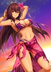  bangle bikini bracelet breasts dutch_angle emanon123 fate/grand_order fate_(series) flower garters hair_flower hair_ornament hibiscus highres jewelry large_breasts long_hair looking_at_viewer navel purple_hair red_eyes sarong scathach_(fate)_(all) scathach_(swimsuit_assassin)_(fate) solo sunset swimsuit 