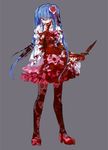 augetsix blood bloody_clothes blue_eyes blue_hair bow dress floral_print flower full_body furudo_erika hair_flower hair_ornament hand_to_own_mouth knife mary_janes pantyhose print_legwear rose shoes smile solo twintails umineko_no_naku_koro_ni wide_sleeves 