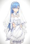  adapted_costume alternate_hair_length alternate_hairstyle apron beckoning blue_eyes blue_hair bow breasts bridal_veil bride character_doll chibi closed_mouth colored_eyelashes cowboy_shot creature detached_sleeves dress eyes_visible_through_hair frilled_sleeves frills grey_ribbon hair_ornament hair_over_one_eye hakugei_(re:zero) highres long_hair looking_at_viewer medium_breasts neck_ribbon outstretched_hand pantyhose re:zero_kara_hajimeru_isekai_seikatsu rem_(re:zero) ribbon see-through simple_background smile solo underbust veil waist_apron wedding_dress white_apron white_background white_bow white_dress white_legwear wide_sleeves x_hair_ornament yomena 