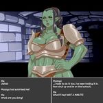 big_breasts breasts cleavage clothed clothing dungeon female humanoid looking_at_viewer nezumi orc text the_elder_scrolls video_games 