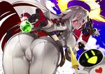  1girl ahoge arc_system_works ass bodysuit breasts cameltoe candy familiar from_behind gloves grin guilty_gear guilty_gear_xrd guilty_gear_xrd:_revelator halo hyocorou jack-o_(guilty_gear) large_breasts leaning leaning_forward lollipop long_hair looking_at_viewer looking_back mask multicolored_hair platinum_blonde red_eyes red_hair shiny shiny_hair sideboob skin_tight smile two-tone_hair very_long_hair 