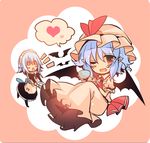  2girls ;d apron arm_garter ascot bat bat_wings black_dress blue_hair blush_stickers braid chibi commentary_request cup dress full_body hat hat_ribbon heart holding holding_cup holding_plate izayoi_sakuya juliet_sleeves kirero long_sleeves looking_at_viewer maid maid_apron maid_headdress mob_cap multiple_girls o_o one_eye_closed open_mouth pink_dress plate pointy_ears puffy_short_sleeves puffy_sleeves red_eyes red_ribbon remilia_scarlet ribbon short_hair short_sleeves smile spoken_heart teacup touhou twin_braids wings wrist_cuffs 