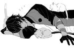  1boy alternate_costume animal cat closed_mouth dragon eyes_closed gloves half_gloves head_rest lying male_focus monochrome necklace ookurikara personification simple_background sleeping tattoo touken_ranbu upper_body vient white_background 