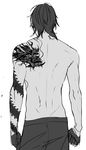  1boy back dragon from_behind gloves half_gloves male_focus monochrome ookurikara personification shirtless simple_background solo tattoo touken_ranbu vient white_background 