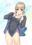  adapted_costume aki_(girls_und_panzer) bare_shoulders black_swimsuit blonde_hair blue_jacket breasts closed_mouth collarbone competition_swimsuit covered_navel cowboy_shot eyebrows eyebrows_visible_through_hair girls_und_panzer green_eyes hair_tie highres jacket kagematsuri long_sleeves looking_at_viewer low_twintails multicolored multicolored_background off_shoulder one-piece_swimsuit open_clothes open_jacket open_track_jacket short_hair skin_tight sleeves_past_wrists small_breasts smile solo standing swimsuit thighs track_jacket twintails undressing 