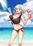  alternate_breast_size ball bare_shoulders beach beachball bikini black_bikini blue_eyes blue_sky breasts cloud cloudy_sky collarbone cowboy_shot cup day drinking_glass drinking_straw food hair_ornament hair_over_one_eye hairclip hamakaze_(kantai_collection) holding holding_cup huge_breasts ice_cream kantai_collection nakamura_kusata navel ocean open_mouth outdoors sand short_hair silver_hair sky solo swimsuit tropical_drink water 