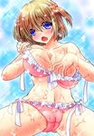  bikini blue_eyes breasts brown_hair cleavage highres large_breasts original short_hair solo suggestive_fluid swimsuit takaba_momo twintails wet 