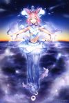  absurdres artist_name barefoot barefoot_sandals blue_eyes facial_mark hair_ornament highres lixia long_hair midriff miniskirt navel official_art pink_hair shin_sangoku_musou skirt sky solo star_(sky) tattoo thighhighs twintails water 