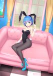  alternate_costume animal_ears arm_at_side artist_name bangs bare_shoulders black_legwear black_leotard blue_eyes blue_footwear blue_hair blush bob_cut breasts bunny_ears bunny_tail bunnysuit checkered checkered_floor cleavage copyright_name couch curtains door dutch_angle ear_pull eyebrows eyebrows_visible_through_hair fake_animal_ears floor frame full_body hair_ornament hairband hairclip high_heels indoors leotard looking_at_viewer medium_breasts on_couch painting_(object) pantyhose re:zero_kara_hajimeru_isekai_seikatsu rem_(re:zero) shoes short_hair sitting sky solo strapless strapless_leotard tail violetsang wall wrist_cuffs x_hair_ornament 