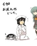  2girls admiral_(kantai_collection) ascot bangs black_hair breasts brown_eyes chibi closed_eyes commentary_request epaulettes finger_to_mouth gloves goma_(gomasamune) green_eyes green_hair grey_hair hair_between_eyes hair_ornament hairclip hat highres jacket kantai_collection kneeling long_hair lying medium_breasts military military_hat military_uniform miniskirt multiple_girls on_stomach open_mouth pants peaked_cap school_uniform shinkaisei-kan shushing sketch skirt sleeping socks suzuya_(kantai_collection) tentacles thighhighs translation_request uniform white_background white_gloves white_jacket white_pants wo-class_aircraft_carrier 