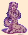  4_toes 5_fingers anthro bare_back bare_shoulders claws ear_piercing feline female fluffy fluffy_tail fur hair kneeling leopard long_hair lukiri mammal nude piercing pink_nose purple_eyes purple_fur simple_background smile solo spots spotted_fur teeth toes tongue white_background 